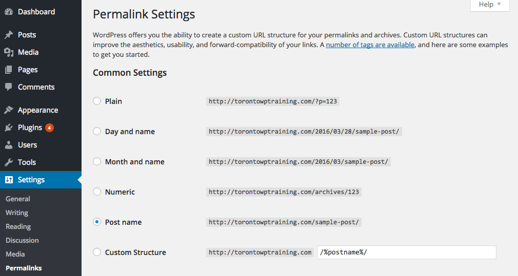 Screenshot of Permalink Settings Panel in WordPress
