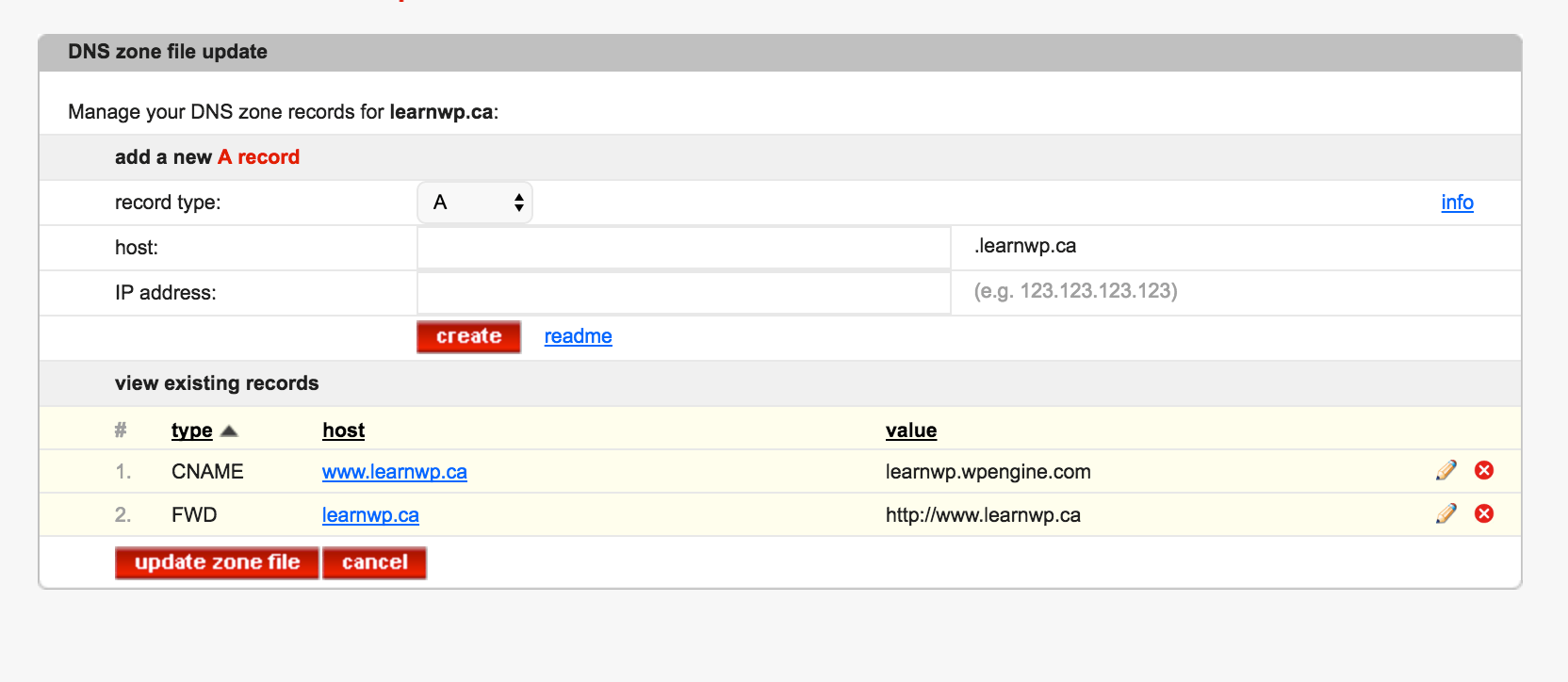 screenshot how to create a cname record Namespro