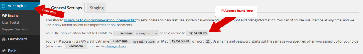 screenshot WP Engine IP address