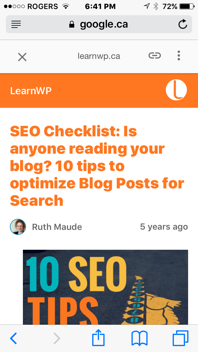 Screenshot showing WordPress Accelerated Mobile Pages version of blog post on LearnWP.ca
