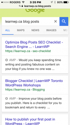 Phone Screenshot of Search Results Page showing AMP in search results