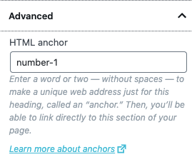 Screenshot of Heading Block showing Advanced panel with HTML anchor