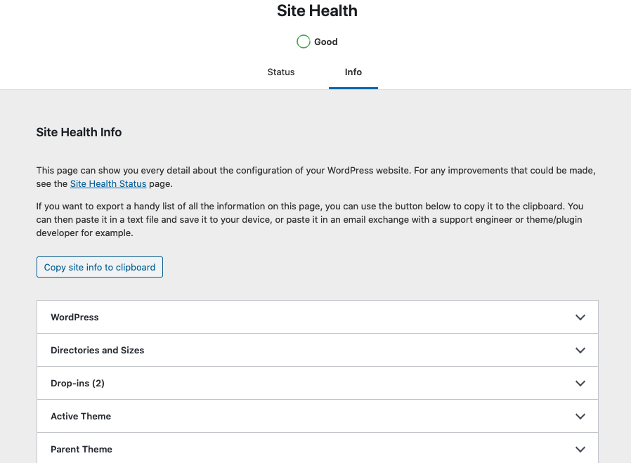 screenshot of Site Health Info