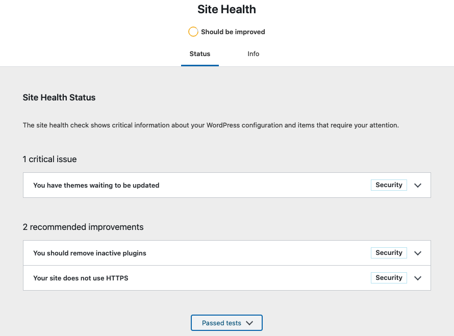 screenshot of site health notices